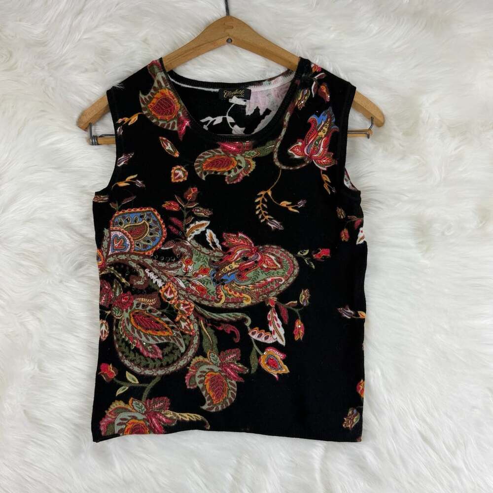 Vintage Elizabeth New York Sweater Tank Top Black Paisley Beaded
